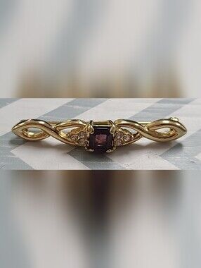 Gold Tone Infinity Bar Brooch Purple Emerald Cut Crystal Rhinestone Accents 2in